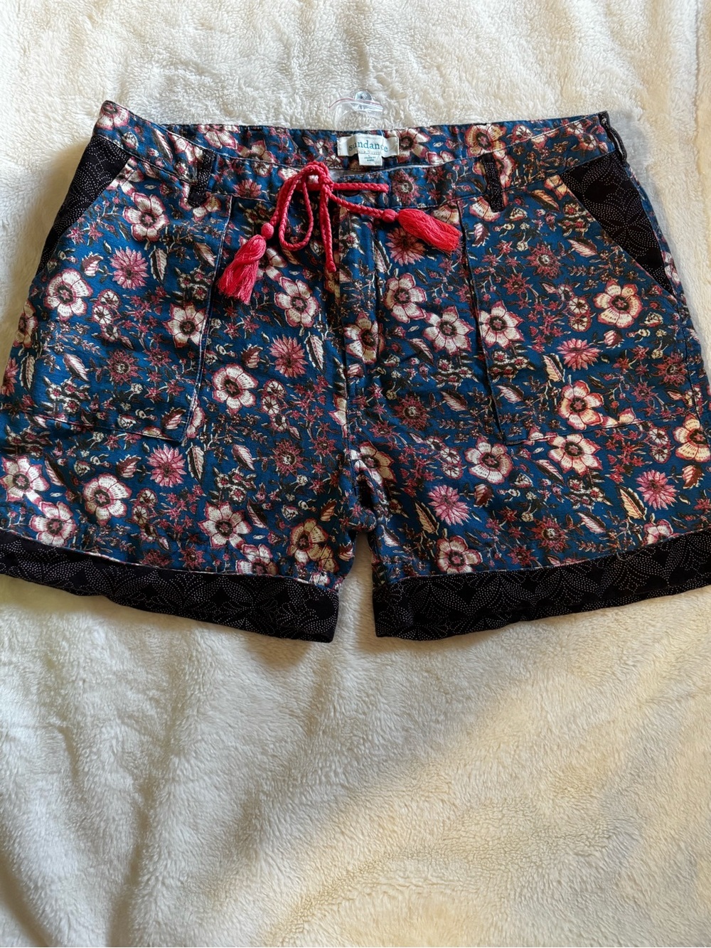 Sundance Kalini Blue Floral Shorts with Coral Tassel Drawstring NWOT